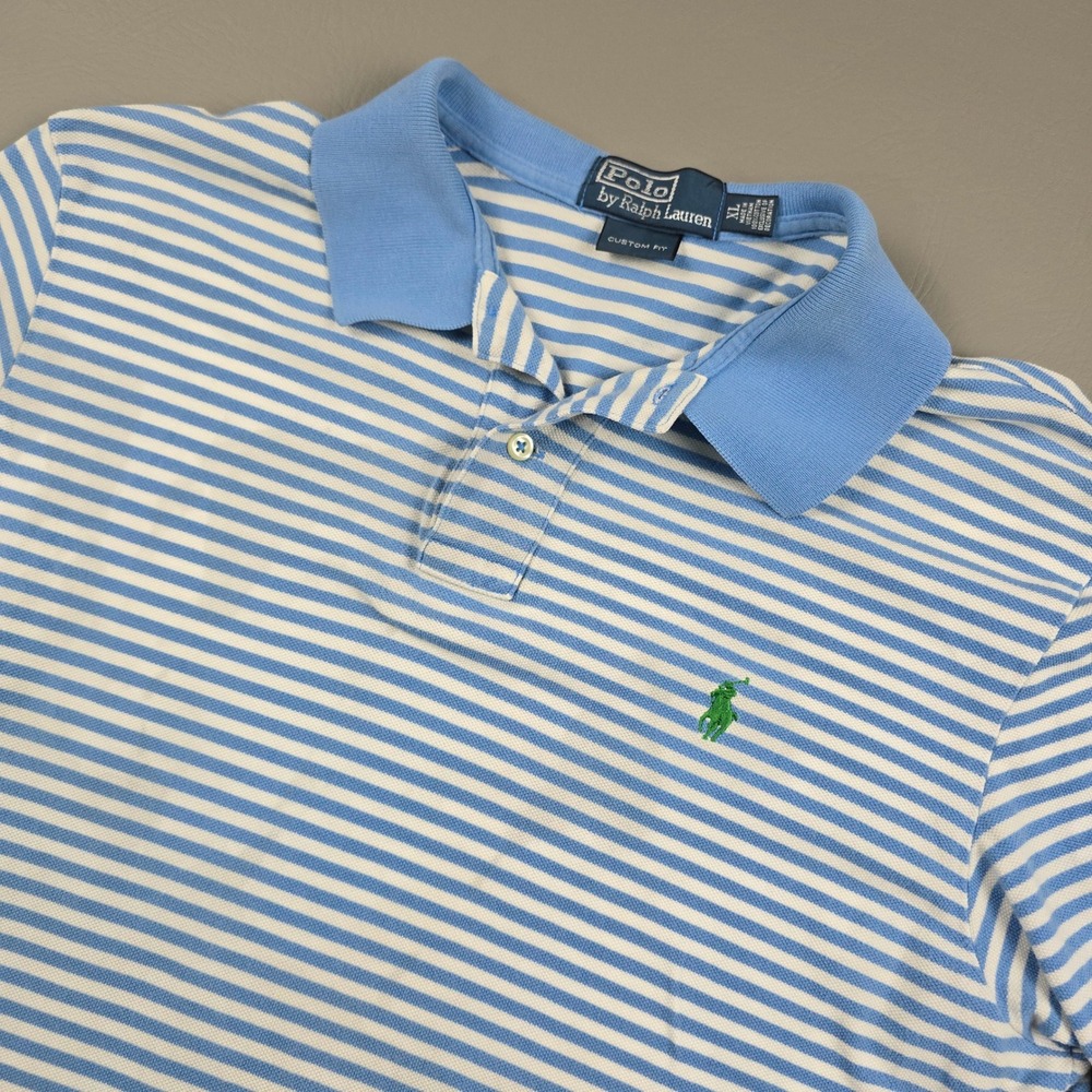 Polo Ralph Lauren Mens XL Custom Fit Blue White Striped Short Sleeve Polo Shirt